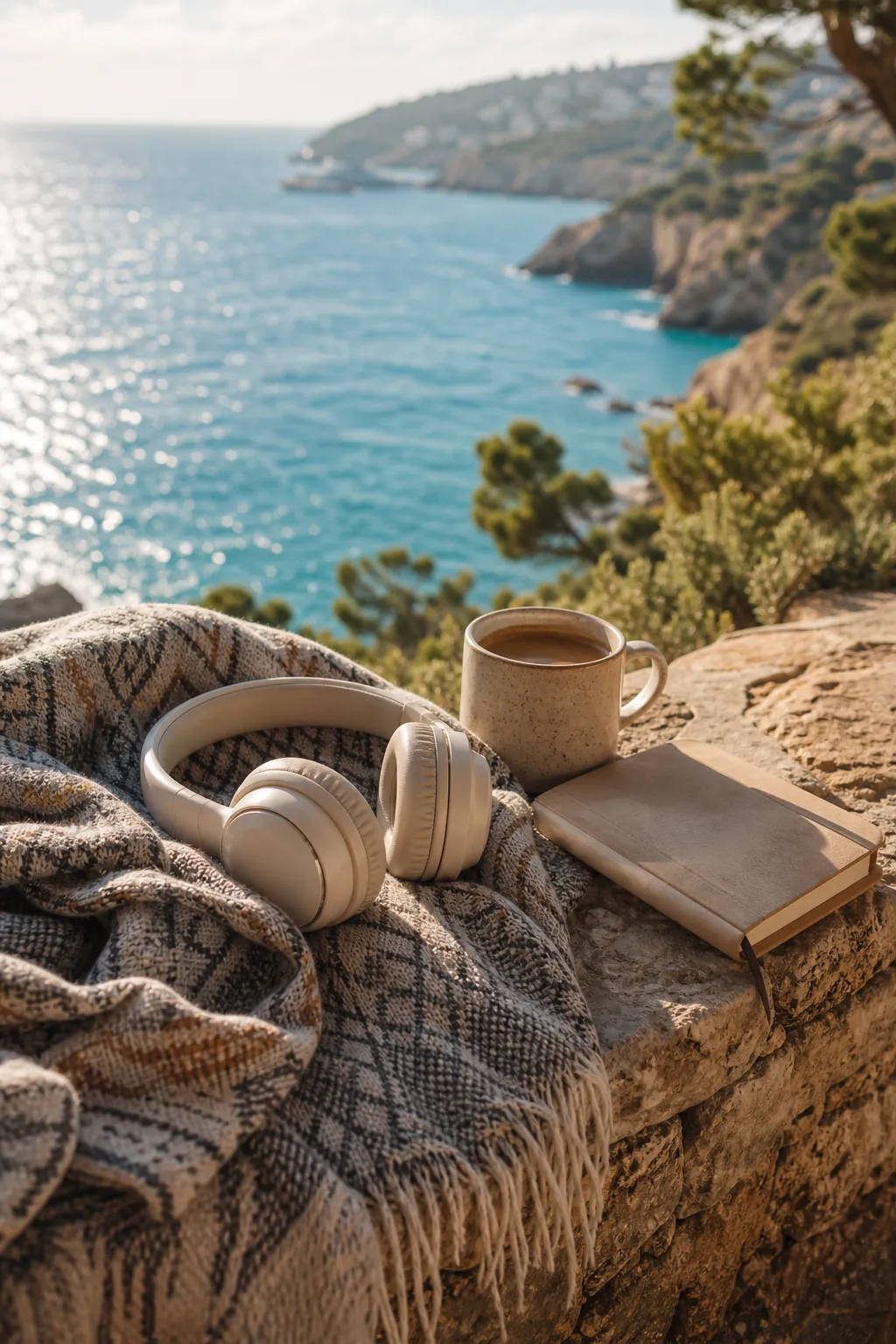 Headphones resting on a blanket beside a coffee mug overlooking the sea